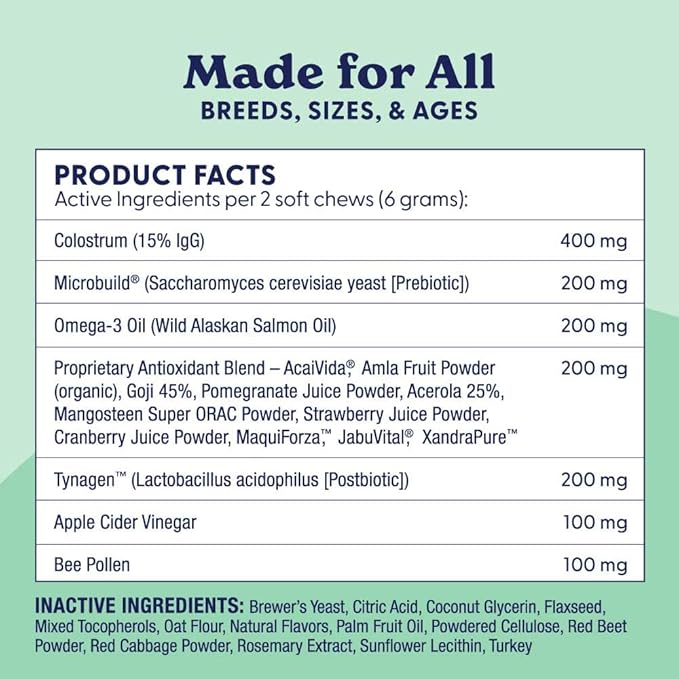 Origin Labs Allergy and Immune Support Supplement, Omega 3 Fish Oil, Bee Pollen, Colostrum, Probiotics, Prebiotics for Gut Health, Skin and Coat Health, Antioxidants, Turkey Flavor, 90 Soft Chews