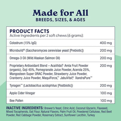 Origin Labs Allergy and Immune Support Supplement, Omega 3 Fish Oil, Bee Pollen, Colostrum, Probiotics, Prebiotics for Gut Health, Skin and Coat Health, Antioxidants, Turkey Flavor, 90 Soft Chews