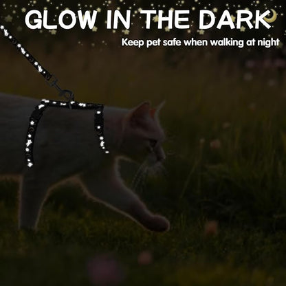 PAWCHIE Cat Harness with Leash and Collar Set - Escape Proof Adjustable H-shped Cat Harness with Star and Moon Pattern Glow in The Dark for Kitty Outdoor Walking