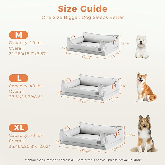 Removable Orthopedic Dog Beds for Large Dogs, Leather Memory Foam Dog Sofa Bed, Waterproof Durable Dogs Bed Couch with Non Skid Bottom for All Pet Sizes (Silver Gray, X-Large)