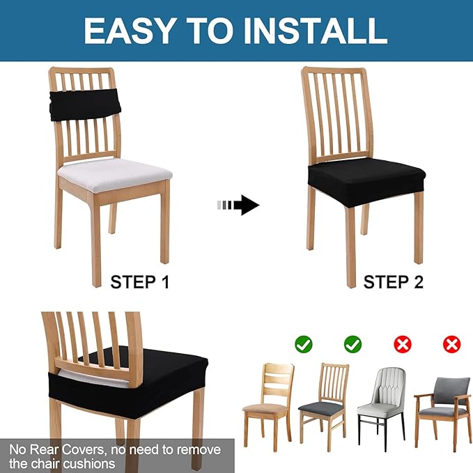 Smiry Waterproof Seat Covers for Dining Room Chairs Set of 10, Stretch Jacquard Removable Washable Chair Seat Slipcovers Protector, No Rear Covers, Black