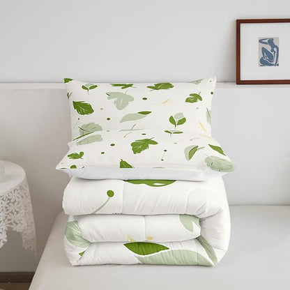 Erosebridal Green Leaf King Comforter Set White and Green Bedding Set King Botanical Theme Duvet Insert,Graffiti Cartoon Quilted Comforter Adults Men Women Microfiber Bedroom Décor 3 Piece