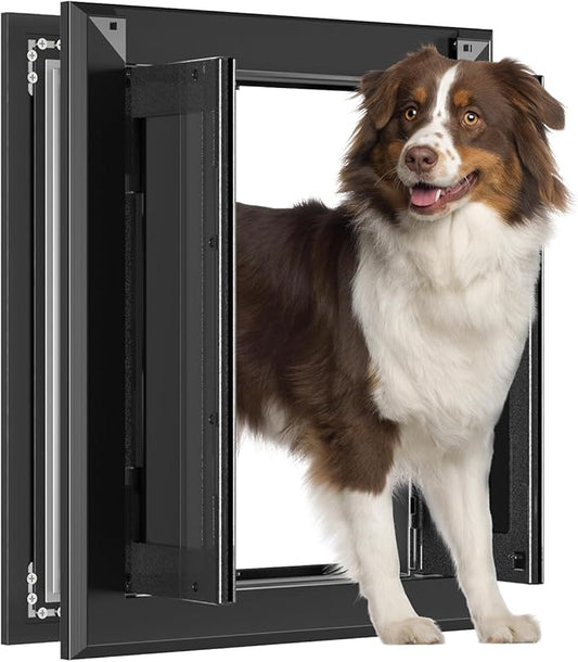 Aluminum French Large Dog Door, Heavy-Duty with Strong Double Magnetic Flaps & Aluminum Telescoping Tunnel, for Large/Medium Dogs Up to 110LBS - Black
