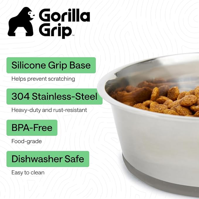 GORILLA GRIP Dog Bowls, Food Grade 304 Stainless Steel, Holds 2 Cups Each (16 fl oz) Food and Water Bowl for Feeding Dogs and Cats, Dishwasher Safe, Rust Resistant, BPA Free Rubber Base Set of 2 Gray