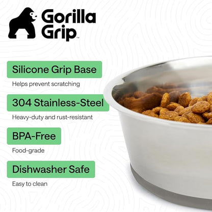 GORILLA GRIP Dog Bowls, Food Grade 304 Stainless Steel, Holds 2 Cups Each (16 fl oz) Food and Water Bowl for Feeding Dogs and Cats, Dishwasher Safe, Rust Resistant, BPA Free Rubber Base Set of 2 Gray
