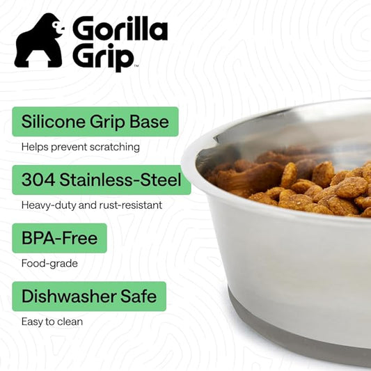 GORILLA GRIP Dog Bowls, Food Grade 304 Stainless Steel, Holds 4 Cups Each (32 fl oz) Food and Water Bowl for Feeding Dogs and Cats, Dishwasher Safe, Rust Resistant, BPA Free Rubber Base Set of 2 Gray