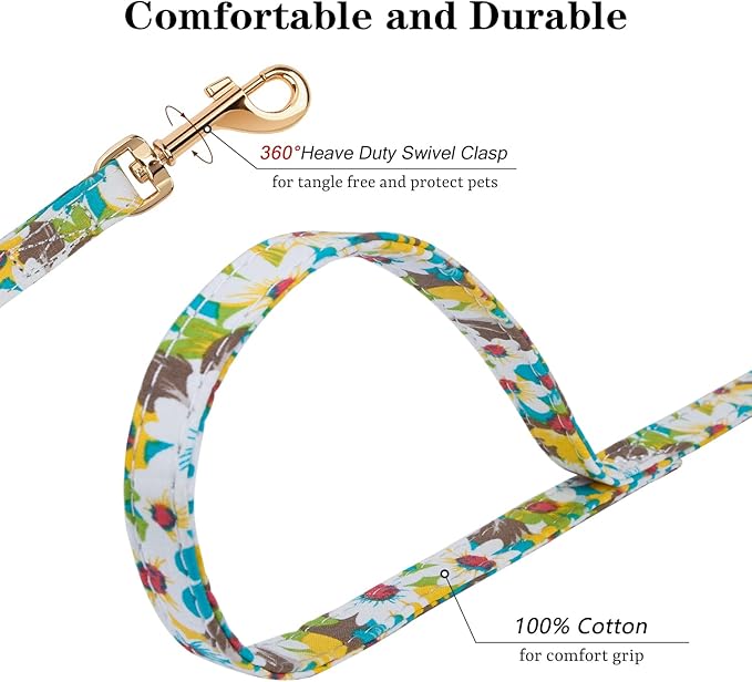 CHEDE Floral Yellow Daisy Dog Harness (XS, Small Dogs), Soft Breathable Cotton, Adjustable, No-Pull, with 360° Rotating Clasp Leash, Ideal for Walking, Jogging, Training