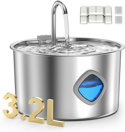 Cat Water Fountain Stainless Steel - 108oz/3.2L Pet Gift Dog Water Dispenser Automatic Silent Cats Dispenser for Drinking Indoor Metal Kitty Spout Fountains with 2 Filters and 2 Sponges