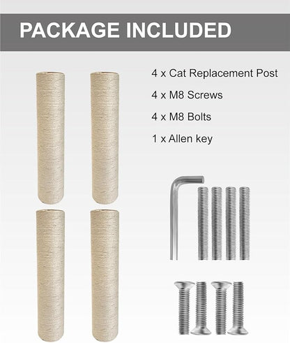 TIMHAKA 4 PCS M8 Cat Scratching Post Replacement, 15.7 x 3.3 inch Sisal Pole Cat Tree Replacement Post with Screws, Refill Sisal Rope Scratcher Posts for Indoor Tree Tower Cat Furniture Protector