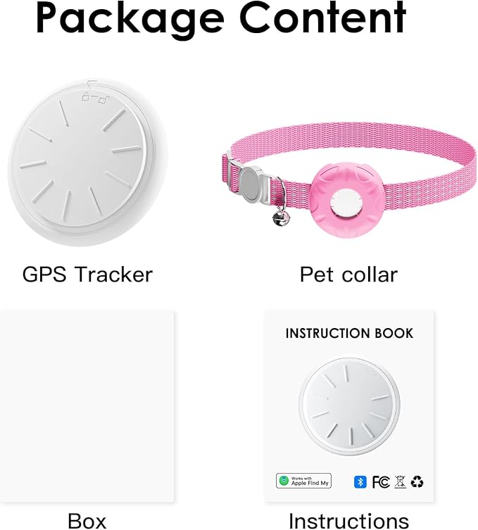 Cat Tracker, No Monthly Fee GPS Tracker Compatible with Apple Find My App(Only iOS), Waterproof Cat Tracker Collar with Bell and Safety Elastic Buckle, Up to 1-Year Battery (Pink)