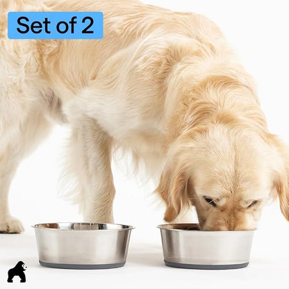 GORILLA GRIP Dog Bowls, Food Grade 304 Stainless Steel, Holds 4 Cups Each (32 fl oz) Food and Water Bowl for Feeding Dogs and Cats, Dishwasher Safe, Rust Resistant, BPA Free Rubber Base Set of 2 Gray