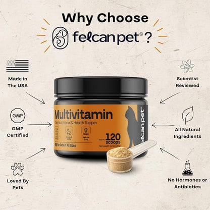 Cat Multivitamin Powder – Daily Nutritional Topper with 17 Active Nutrients, Taurine, Omega 3 & Glucosamine – Supports Energy and Overall Vitality – Cat Supplements – 120 Scoops