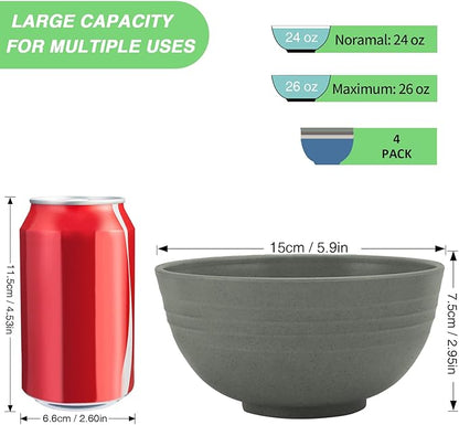 Wheat Straw Cereal Bowls, Reusable Bowls for Kitchen, Plastic Bowl Set of 4, Microwave and Dishwasher Safe Bowls for Salad, Soup, Oatmeal, Ramen, Camping, Kids, College Dorm, 26 OZ, Coastal Color