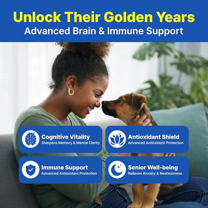 Senior Calming & Cognition for Dogs & Cats - Brain Health & Stress Relief Powder with Phosphatidylserine, CoQ10 & Blue Spirulina - Easy to Feed (1 Pack, 30 Count)