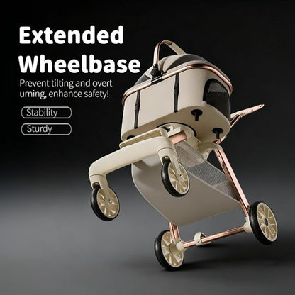 All-Terrain Pet Stroller for Small Medium Dogs & Cats, 20 lbs Capacity - Portable Carrier with One-Touch Brake, Lightweight Foldable Design & Shock Absorption Wheels,Beige