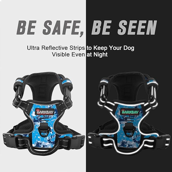 BARKBAY No Pull Dog Harness Front Clip Heavy Duty Reflective Easy Control Handle for Large Dog Walking(Blue camo,S)