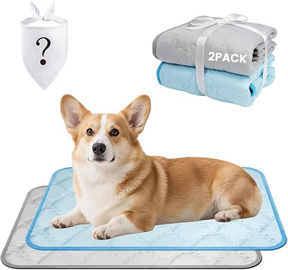SUPRIY 2-Pack (Blue + Gray) Pet Cooling Mat Set - Ice Silk Cooling Pad & Fashion Bandana for Dogs & Cats (Medium 22.8"x34.6")