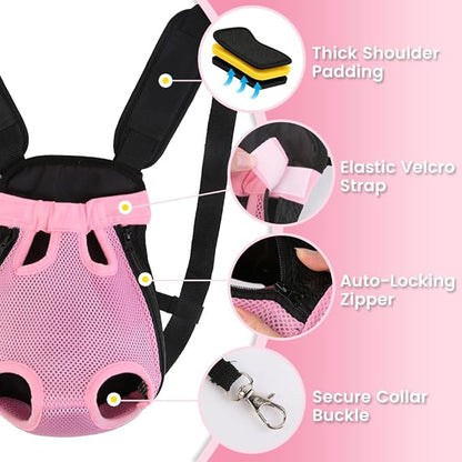 Dog Backpack Carrier, Thick Straps & Cushion, Pet Sling Front Backpacks for Small Medium Dogs 2.5-4 Lbs, Legs Out, Adjustable Wearable Puppy Chest Travel Bag, Easy-Fit for Hiking/Walking/Camping