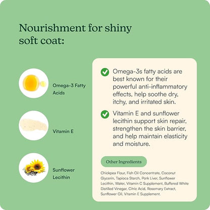 Reggie Skin & Coat Supplements for Dogs | Omega-3 Fish Oil & Vitamin E for Itchy Skin Relief, Shedding & Shiny Coat | Natural Dog Skin & Coat Chews | Vet-Approved & Made in USA | 60 Soft Chews