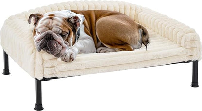Veehoo Elevated Dog Bed with Bolster Cushion, Fluffy Plush Dog Couch Beds for Small Dogs, Cats, Washable Raised Pet Cot with Non-Slip Feet for Indoor or Patios Use, 36 x 28 Inches, White