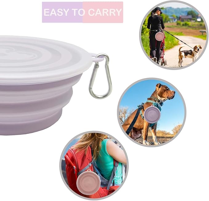 Medium Collapsible Dog Bowl 23oz,2 Pack Portable and Foldable Pet Travel Bowls with 2 Carabiners & Lids for Dogs Cats and Small Animals (Macaron Purple+Pink, 650ml)