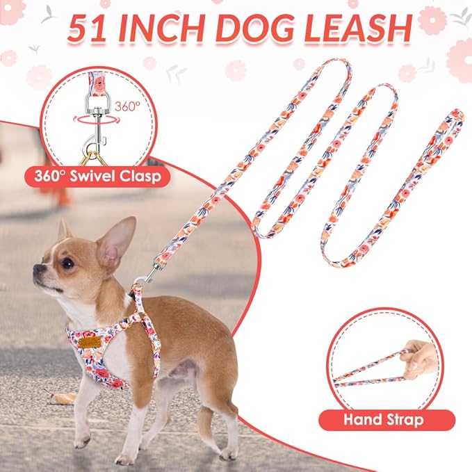 SlowTon No Pull Dog Harness with Leash - Soft Lightweight Floral Pattern Puppy Harness, Adjustable Pet Harness for Small Medium Dogs (Flower S)