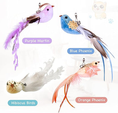 Cat Toys Wand, Interactive Cat Toy with Super Suction Cup Sticky Detachable 12 PCS Feather Replacements 2 Wands Cat Spring Feather Toys for Indoor Cats Kitten Toys (4 Birds Replacements)