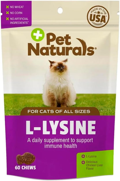 Pet Naturals Lysine for Cats,Chicken Flavor,60 Chews - Immune and Respiratory Support for Cats - No Wheat or Corn - Vet Recommended,(Pack of 2)