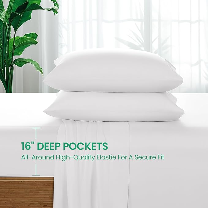 SONORO KATE 100% Viscose Derived from Bamboo_Sheets Queen Size, Ultra Breathable & Cooling Bed Sheets for Hot Sleepers, Hotel Luxury Silky Bedding Sheets, 16" Deep Pocket - 4PC (White,Queen)