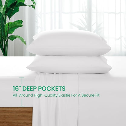SONORO KATE 100% Viscose Derived from Bamboo_Sheets Cal King Size, Ultra Breathable & Cooling Bed Sheets for Hot Sleepers, Hotel Luxury Silky Bedding Sheets, 16" Deep Pocket - 4PC (White,Cal King)