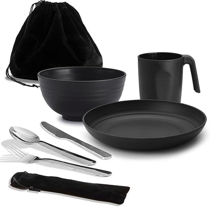 Camping Utensils, Reanea Camping Mess Kit for Travel, Camping, Picnic, Outdoor, Camping Gear Include Knife, Spoon, Fork Cutlery Set, Cup, Bowl, Plate, Camping Essentials for 1