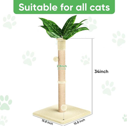 XiaZ Cat Scratching Post 34'' Tall, Cat Scratchers Tree Tower for Indoor Kitten with Extra Wide 15.8" Stable Base and 2 Toy Balls, Natural Sisal & Plush Fabric for Small, Medium Cats (Beige, 2.8in)