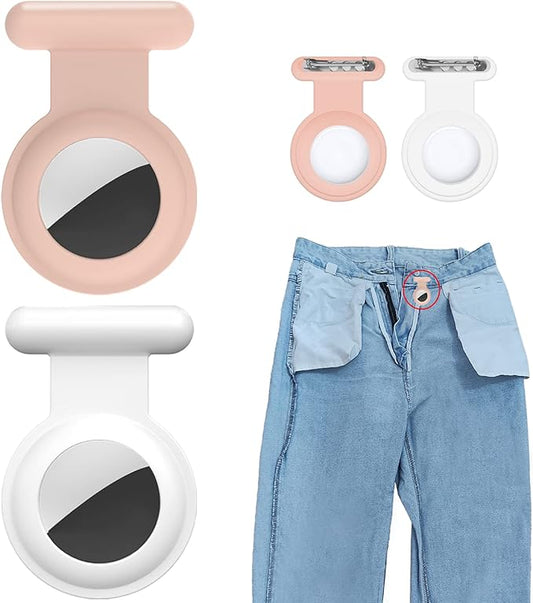 2 Pack Holder Case Compatible for Airtag Tracker, Silicone Hidden GPS Kid Airtag Holder with Invisible Pin, Anti Lost Apple Air Tag Case Cover for Toddlers, Elderly, Pet, Clothing(White and Pink)