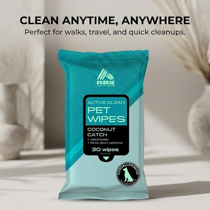 RBX Active Clean Dog Wipes for Paws and Butt (120 Count) – Pet Wipes Cleaning & Deodorizing with Aloe, Vitamin E & Oat Extract – Hypoallergenic Puppy Wipes, 4 Scents