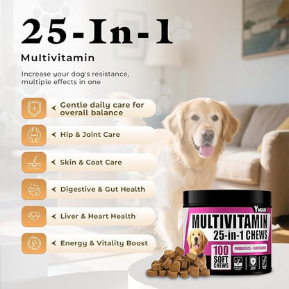 25-in-1 Dog Multivitamin Chewable with Probiotics,Dog Vitamins and Supplements Hip & Joints,Pets Immune Support,Skin,Coat,Heart,Gut Health Omega 3,Glucosamine for All Breeds Puppy,Adult & Senior Dogs