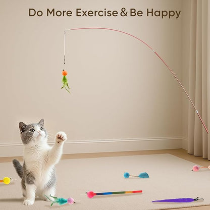 Cat Toys for Indoor Cats, 11 Packs Interactive Cat Wand Toy Set with Feather Toys&Ribbon Refills,Retractable Cat Wand with Bell Refills for Kittens Play and Exercise