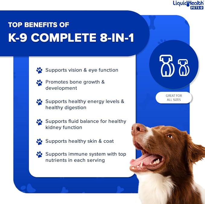 LIQUIDHEALTH Pets K9 Complete 8-in-1 Liquid Multivitamin for Adult Senior Dogs & Puppies, All in One Complete Formula Canine Vitamins for Skin & Coat, Joint Health, Immune Support - USA Made (3 Pack)