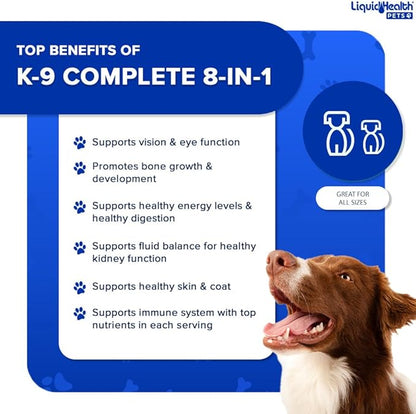 LIQUIDHEALTH Pets K9 Complete 8-in-1 Liquid Multivitamin for Adult Senior Dogs & Puppies, All in One Complete Formula Canine Vitamins for Skin & Coat, Joint Health, Immune Support - USA Made (3 Pack)