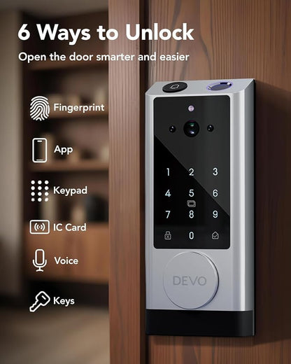Devo G1 Video Smart Lock with Camera & Doorbell, 6-in-1 Fingerprint Keyless Entry Door Lock for Front Door, App Remote, Auto Locks, Wi-Fi Smart Deadbolt, Easy Install, Waterproof, Silver(Handle)
