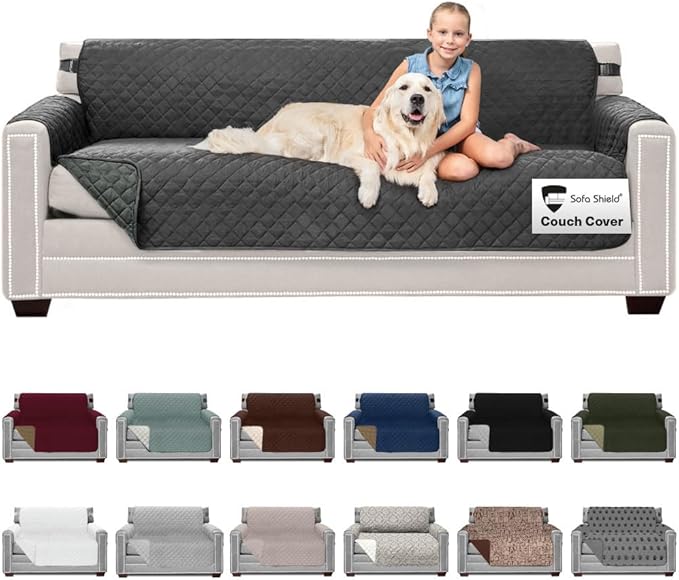 Sofa Shield Couch Slip Covers for Dogs, Reversible Furniture Protector with Strap, Stain and Tear Resistant Cushion Cover, 78 inch Seat, Machine Washable Slipcover Dog Pets Cats, Charcoal