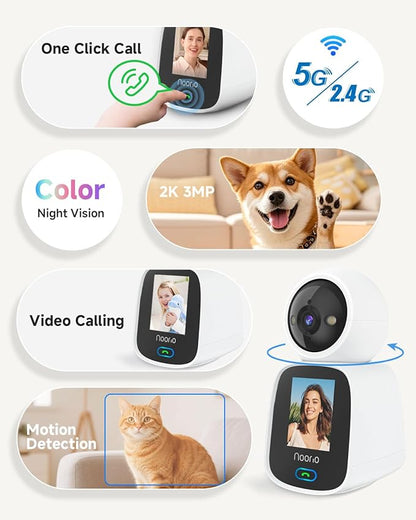 Noorio 5G Two Way Video Calling Camera, One Click Call 2K Pet Camera with Phone App, 360° PTZ Dog Cam with Speaker, Color Night Vision, 2.4 Inch Screen, CL200 2Pcs