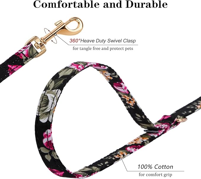 CHEDE No Pull Floral Pattern Dog Harness- Lightweight and Soft Harness, Adjustable Small Dog Harness and Leash Set, with Dog Leash, Suitable for Puppy Small and Medium-Sized Dog (XS, Black Flower)