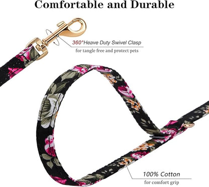 CHEDE No Pull Floral Pattern Dog Harness- Lightweight and Soft Harness, Adjustable Small Dog Harness and Leash Set, with Dog Leash, Suitable for Puppy Small and Medium-Sized Dog (XS, Black Flower)