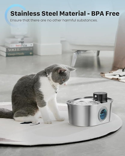 Wireless Cat Water Fountain: Battery Operated Stainless Steel Pet Fountain, Automatic Cordless Water Dispenser Indoor, Metal Faucet Bottle for Drinking, Rechargeable Dog Water Bowl with 1 Filter