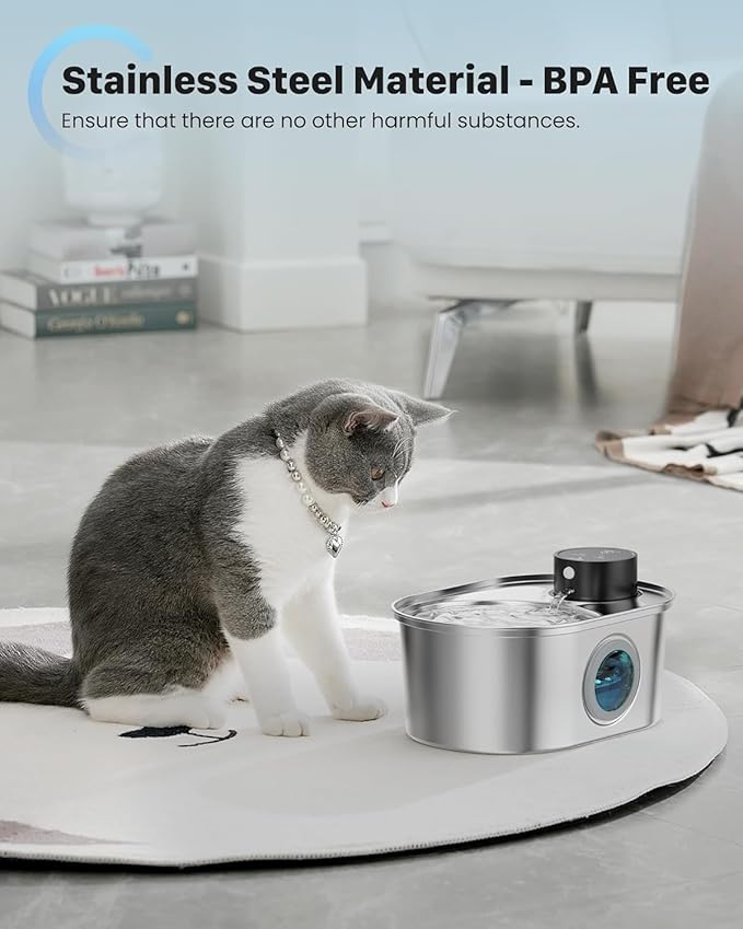 Wireless Cat Water Fountain: Battery Operated Stainless Steel Pet Fountain, Automatic Cordless Water Dispenser Indoor, Metal Bottle for Drinking, Rechargeable Dog Water Bowl(6 Filters+ 3 Sponges)