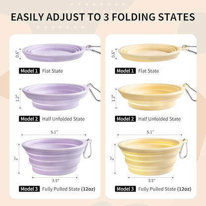 Collapsible Dog Bowls 2-Pack, Portable Travel Dog Bowl with Carabiner, Food-Grade Silicone Pet Bowl for Hiking, Walking (Macaron Yellow and Violet)