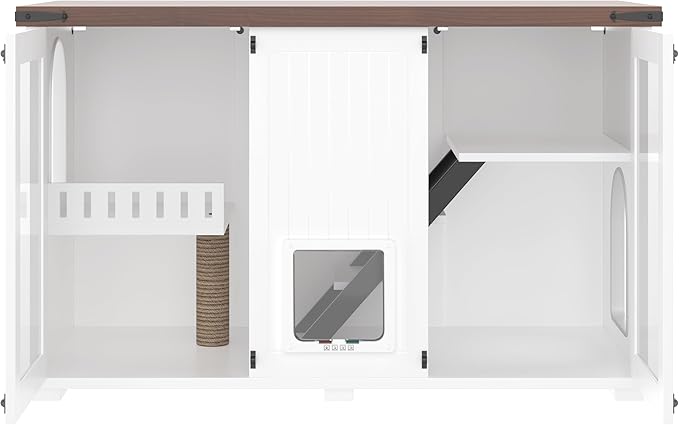 LUMISOL Indoor Cat House with LED Light, Large Cat Litter Box Enclosure with Stairs and Cat Scratching Post, Hidden Litter Box Cabinet Furniture, Side Table with Smart Doors for Living Room, White