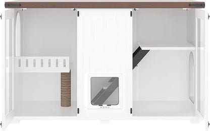 LUMISOL Indoor Cat House with LED Light, Large Cat Litter Box Enclosure with Stairs and Cat Scratching Post, Hidden Litter Box Cabinet Furniture, Side Table with Smart Doors for Living Room, White
