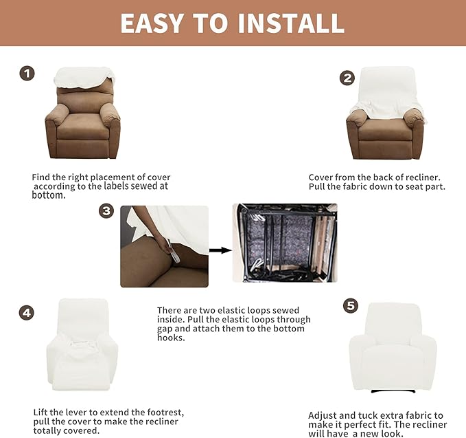 Easy-Going 100% Waterproof Recliner Cover, Dual Waterproof Couch Cover for Recliner, 1- Piece Jacquard Sofa Cover, Leakproof Sofa Slipcover for Kids, Pets, Dog and Cat (Recliner, Cream)