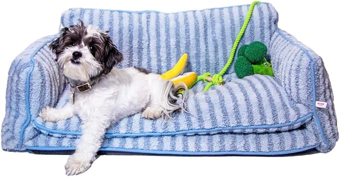 Glow Pups Dog Bed Cozy Sofa, Striped Pattern Cat Bed with Soft Faux Lambswool Cushion, Machine Washable Cotton Blend, Three-Sided Design, Light Blue Striped, X-Large 31.5" L x 13" W x 19.68" Th